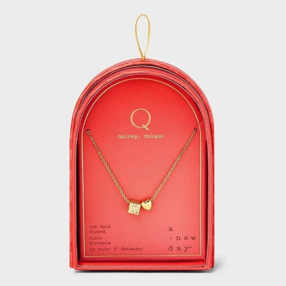 a New Day 14K Gold Dipped Slider Heart and Initial Cube Q Pendant Necklace
